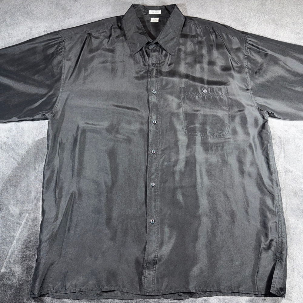 Kikomo Mens XL Black 100% Silk Long Sleeve Button Up Shirt Chest Pocket Collared